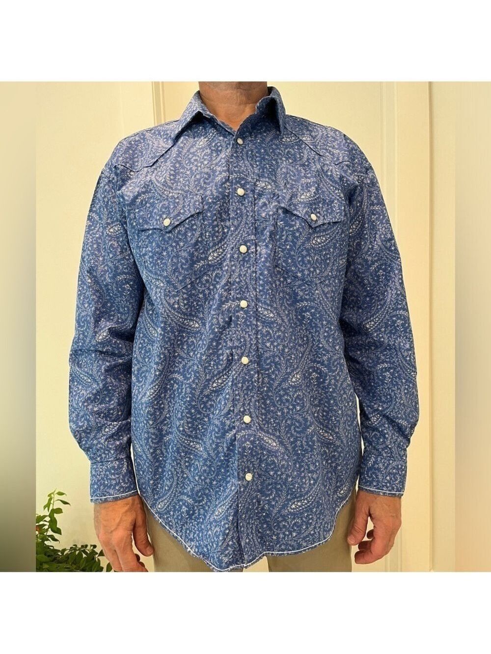 PANHANDLE Rough Stock Pearl Snap Western Style Paisley Shirt Contrast Cuff Rodeo